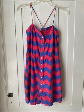 Strappy silk sundress with buttons Dress in Pink & blue Wave Print
